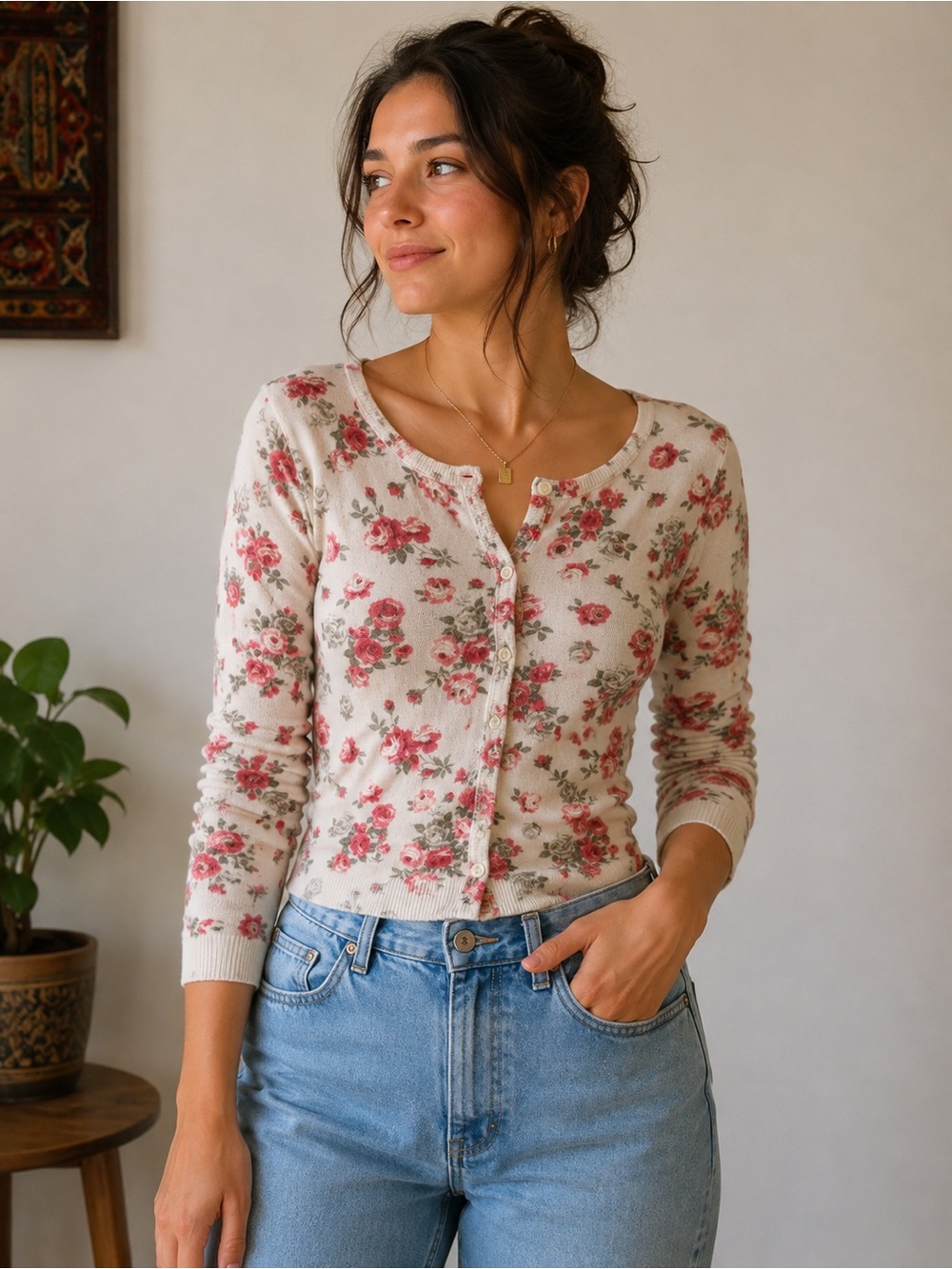 Cottage-core Pink and Gray Floral Button-Down Cardigan Size S